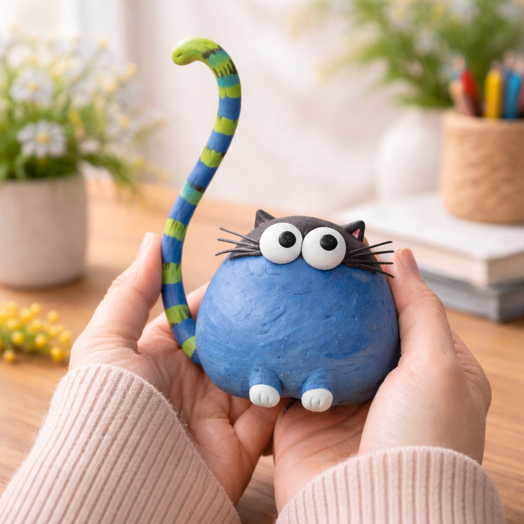 Handmade Blue Cat Clay Figurine – Cute Whimsical Cat Desk Decor, Unique Artistic Cat Gift