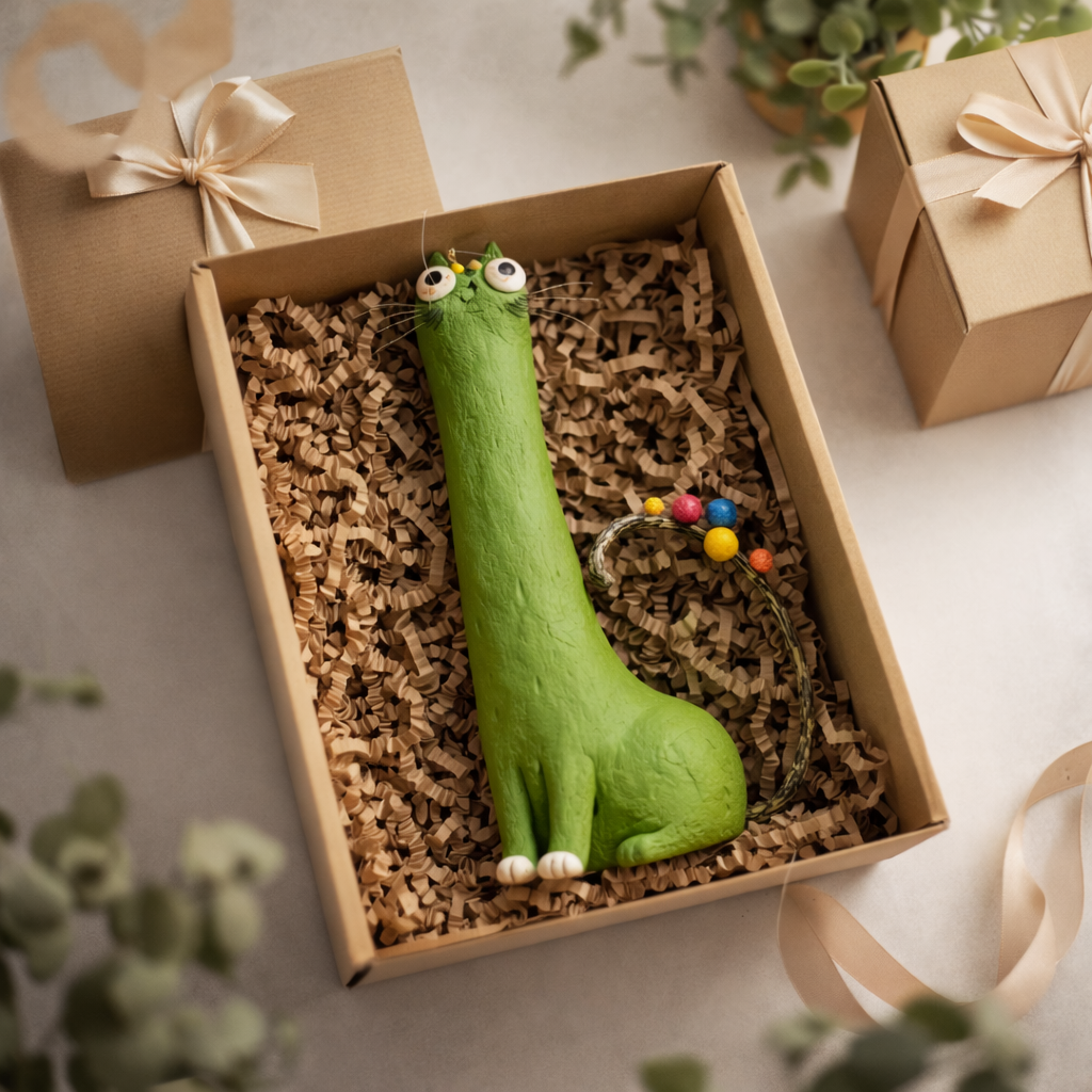 Funny Handmade Clay Cat Figurine – Cute Whimsical Desk Decor