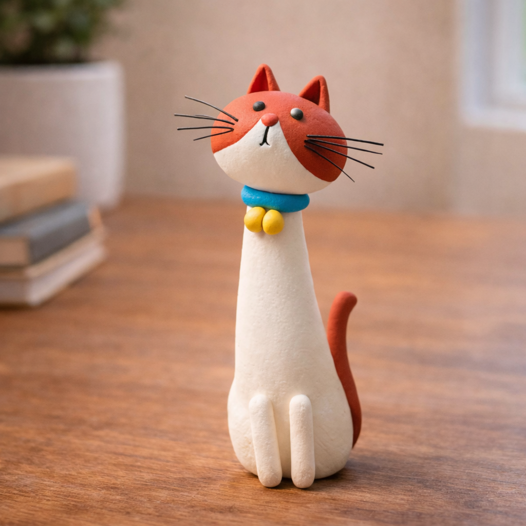 Whimsical Handmade Clay Cat Figurine – Tall Skinny Funny Cat Sculpture, Minimalist Cute Desk Decor