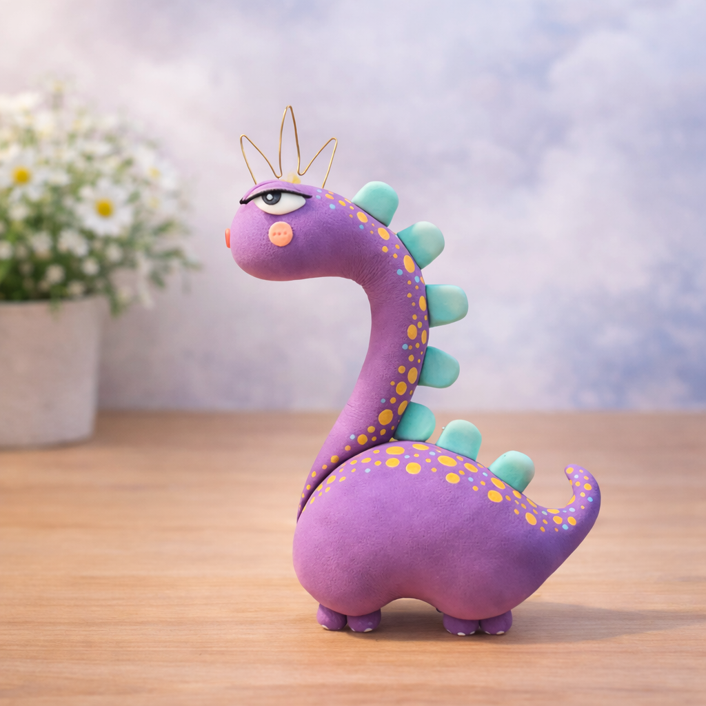 Handmade Purple Dinosaur Clay Figurine – Cute Dino Desk Decor, Whimsical Ceramic Ornament, Unique Handmade Gift